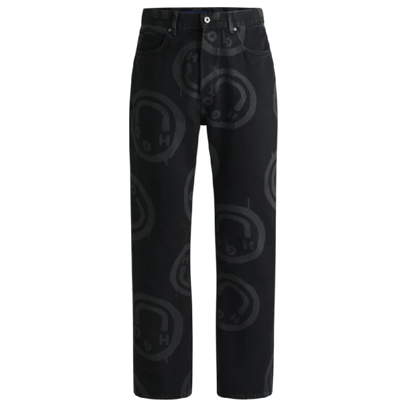 Black baggy-fit jeans with Happy HUGO print Practical Men's Multi