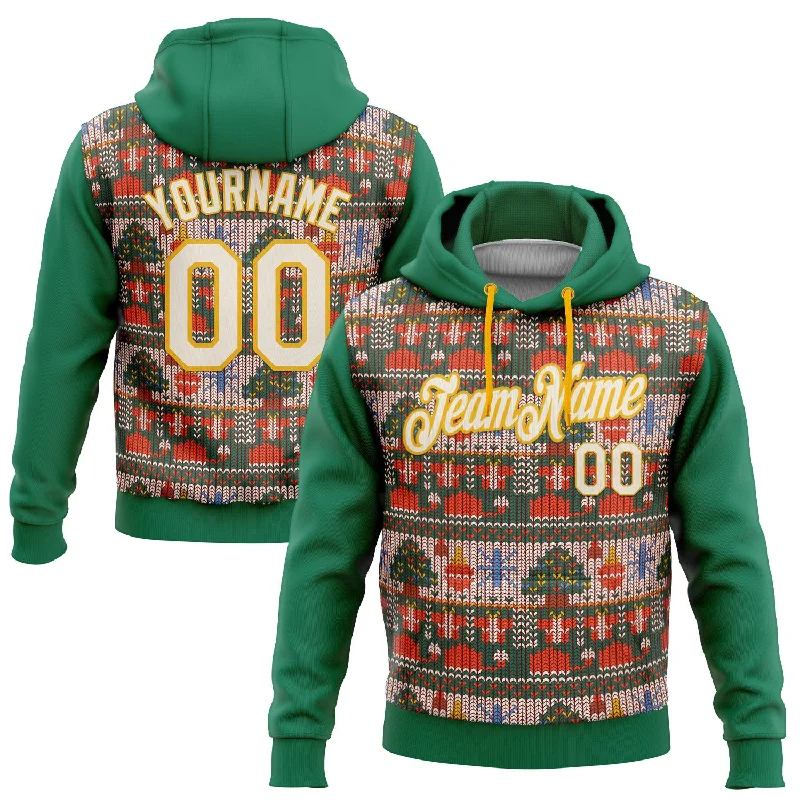 Custom Stitched Kelly Green Cream-Gold 3D Christmas Sports Pullover Sweatshirt Hoodie Sporty Men's Tennis