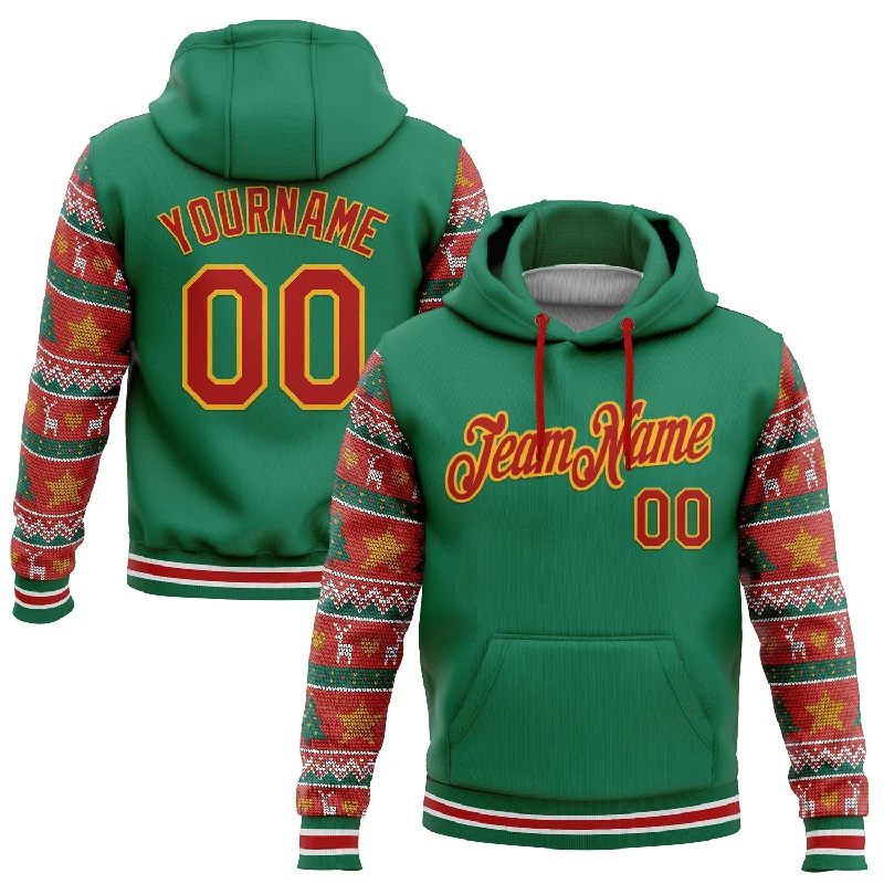 Custom Stitched Kelly Green Red-Gold 3D Christmas Sports Pullover Sweatshirt Hoodie Modern Men's Tech