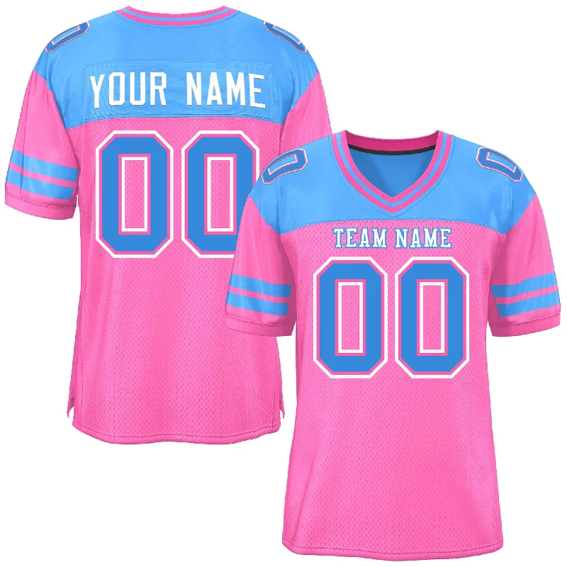 Custom Pink Powder Blue Personalized Color Block Authentic Football Jersey Sleek Men's Contemporary 