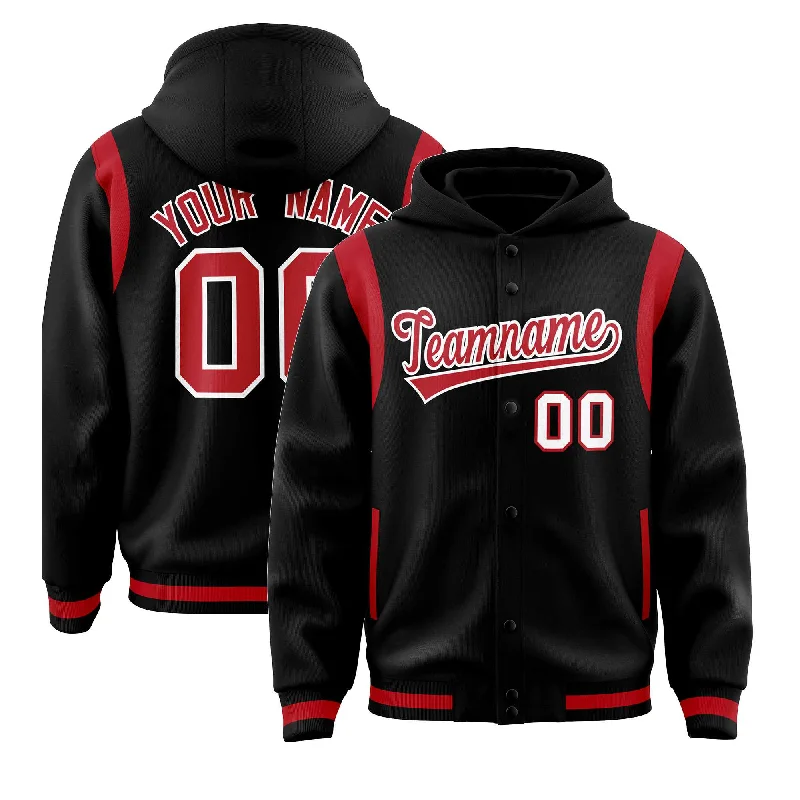 Custom Black Red Varsity Full-Snap Letterman Shoulder Color Block Jacket Hoodie Bohemian Men's Free