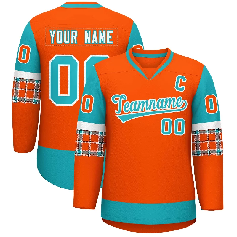 Custom Orange Aqua-White Personalized Raglan Sleeves V-Neck Hockey Jersey Athletic Men's High