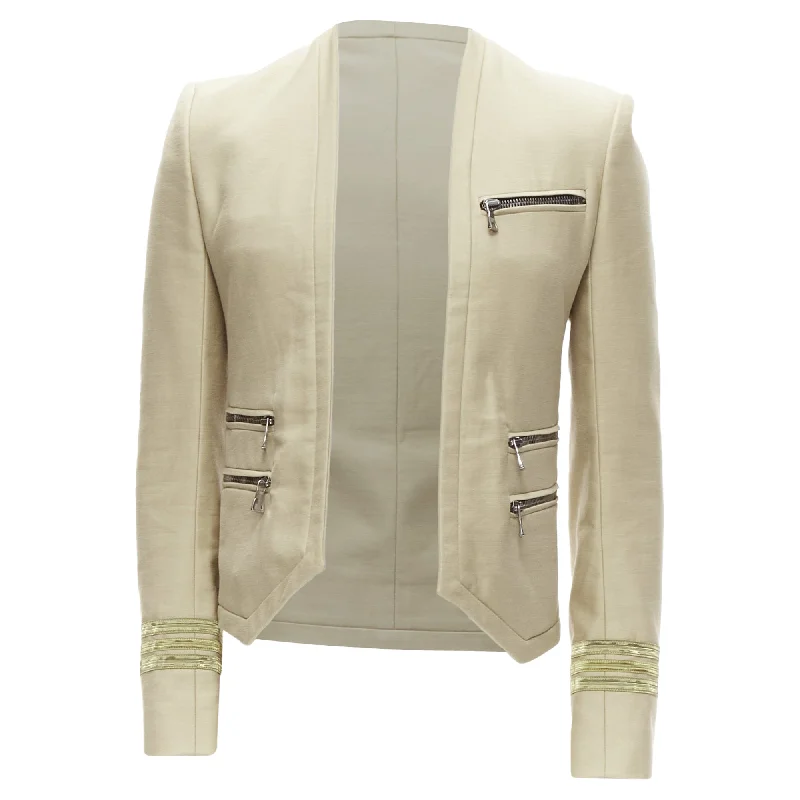 Balmain cotton military trim zippers cropped fitted jacket Monochromatic Office Style