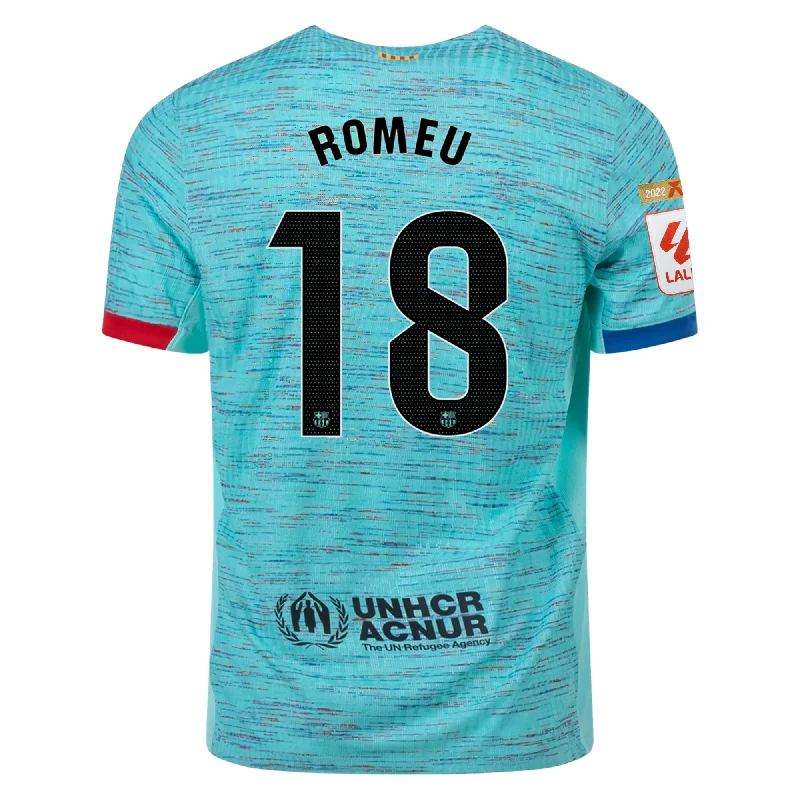 Nike Barcelona Authentic Romeu Match Vaporknit Third Jersey w/ La Liga Champion Patches 23/24 (Light Aqua/Royal Blue) Cool Men's Distressed