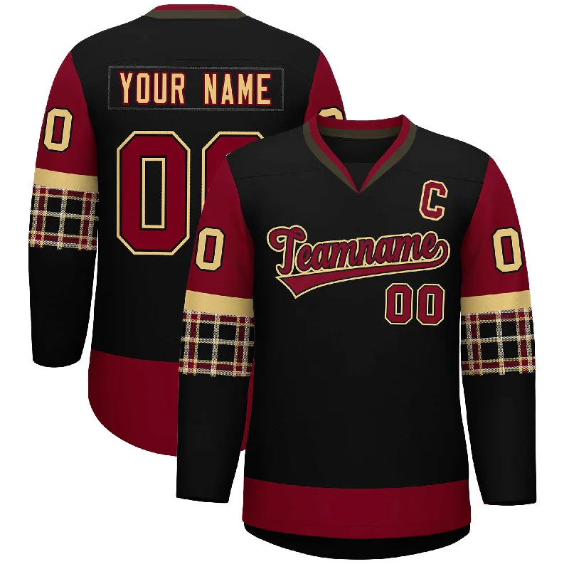 Custom Black Crimson-Khaki Personalized Raglan Sleeves V-Neck Hockey Jersey Athletic Men's Compression