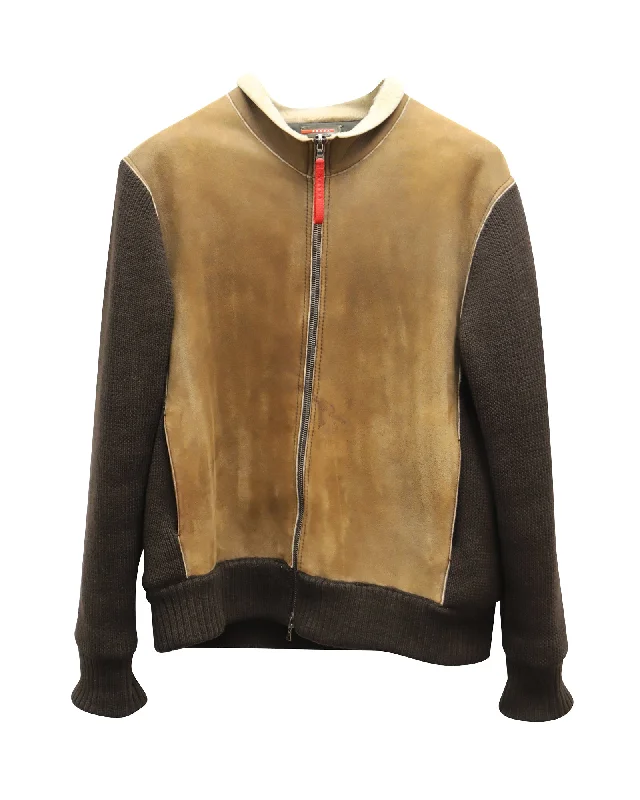 Prada Shearling Trim Bomber Jacket in Brown Suede Rugged Men's Outdoor 