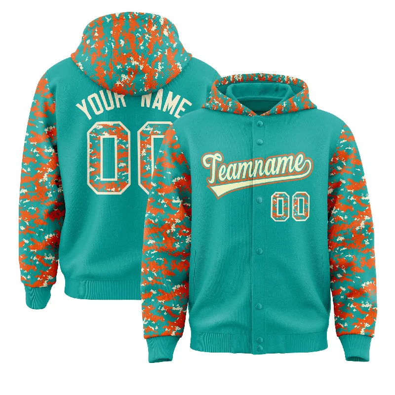 Custom Aqua Orange-Cream Raglan Sleeves Varsity Full-Snap Letterman Camo Jacket Hoodie Confident Men's High