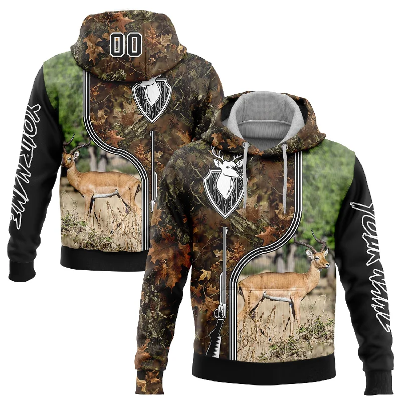 Custom Stitched Camo Black-White 3D Deer And Impala Gun Hunting Sports Pullover Sweatshirt Hoodie Organic