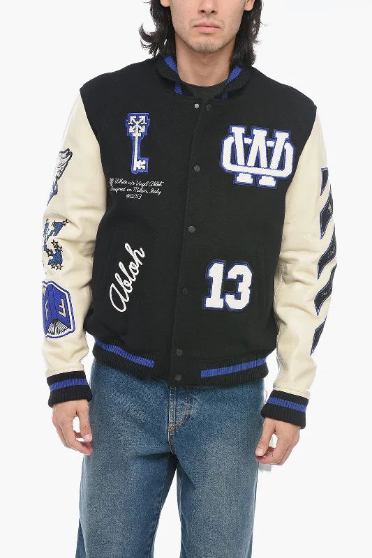 Off-White Leather Varsity Bomber with Patchwork Stylish Men's Neon