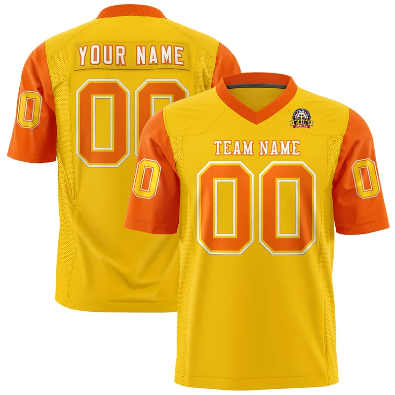 Custom Gold Orange Personalized Raglan Sleeves Design Authentic Football Jersey Polished Men's Satin