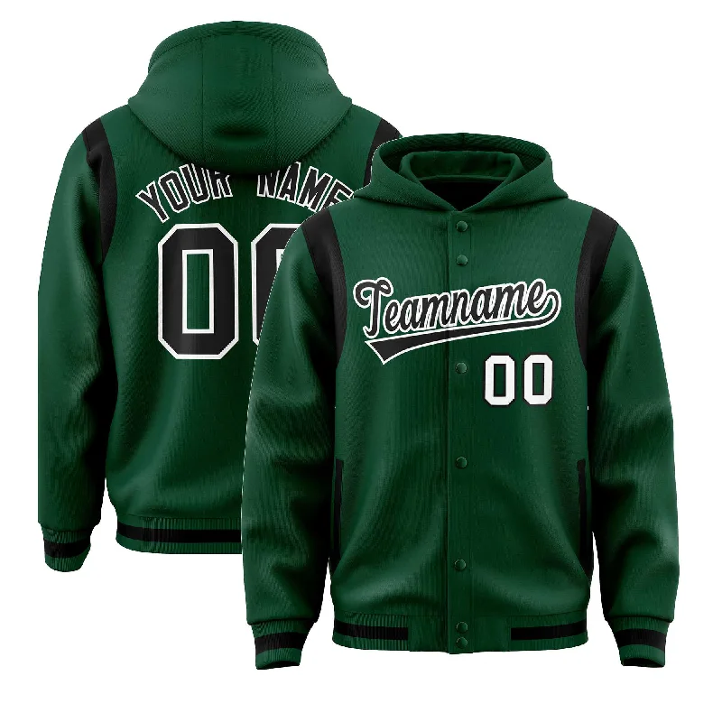 Custom Green Black Varsity Full-Snap Letterman Shoulder Color Block Jacket Hoodie Laid