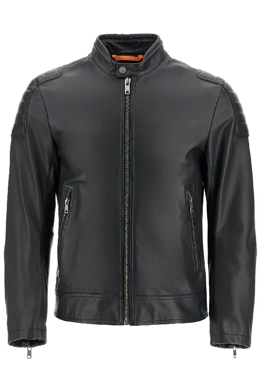 Boss Men's  Leather Jacket With High Collar And Quilted Details Modern Men's Tech