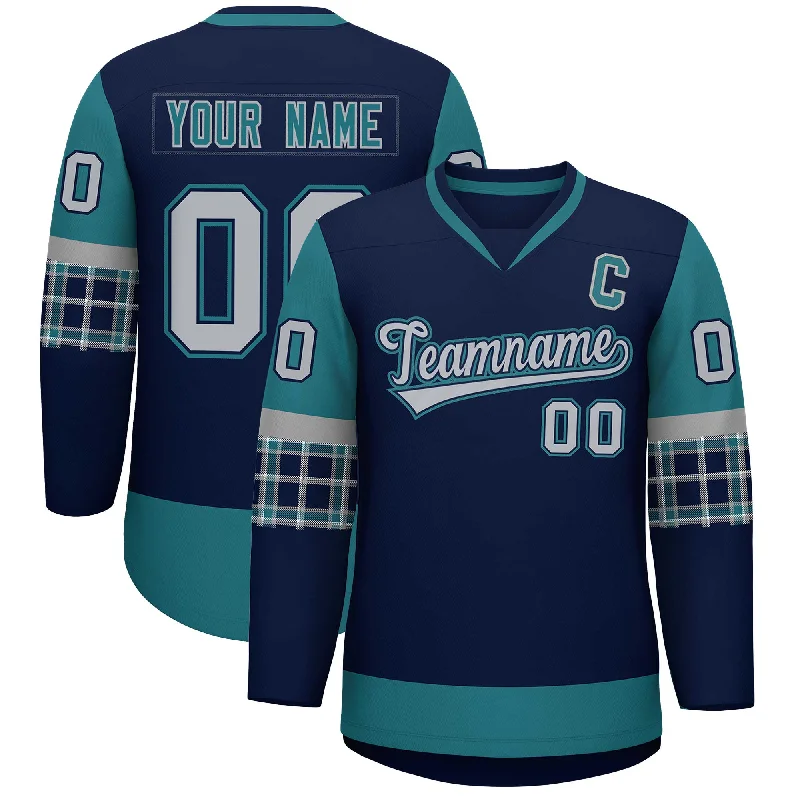 Custom Navy Aqua-Gray Personalized Raglan Sleeves V-Neck Hockey Jersey Sporty Men's Athleisure 