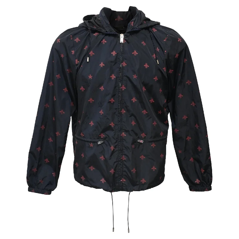 Gucci Wasp Print Windbreaker Jacket In Navy Blue Nylon Youthful Men's Anime