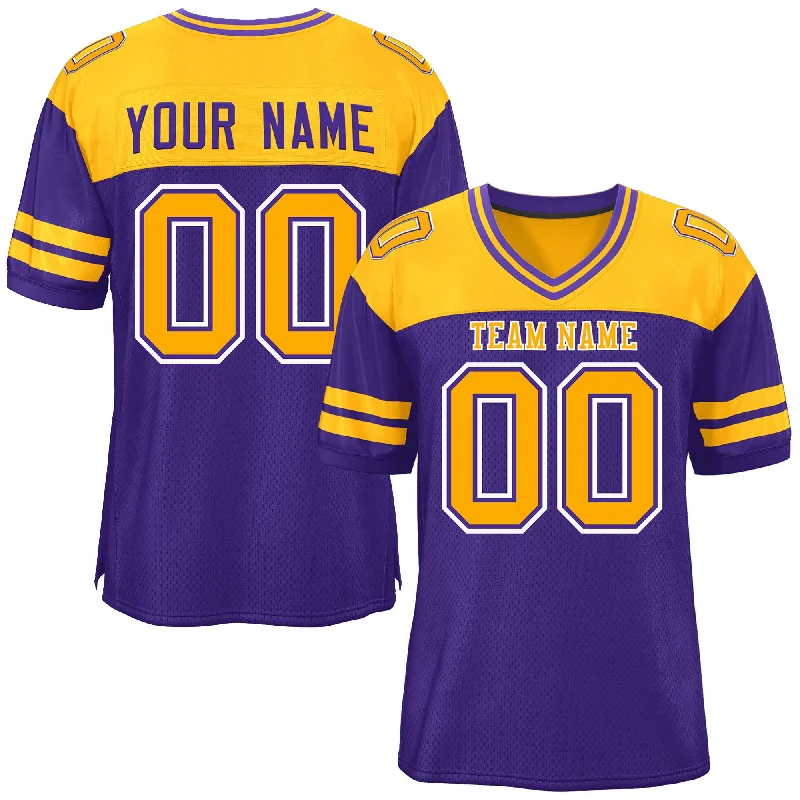 Custom Purple Yellow Personalized Color Block Authentic Football Jersey Relaxed Men's Australian 