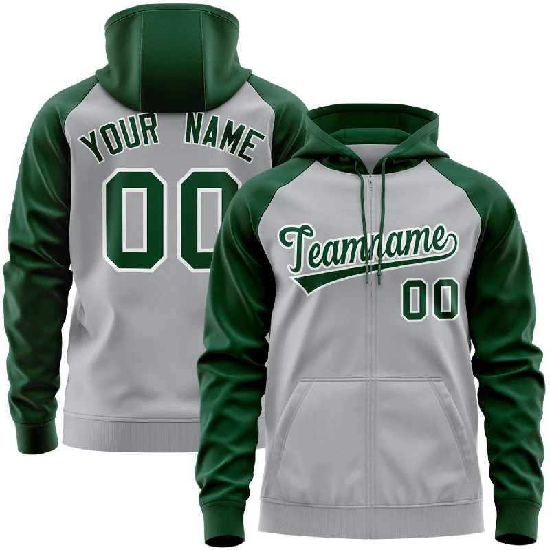 Custom Stitched Gray Green-White Raglan Sleeves Sports Full-Zip Sweatshirt Hoodie Gym