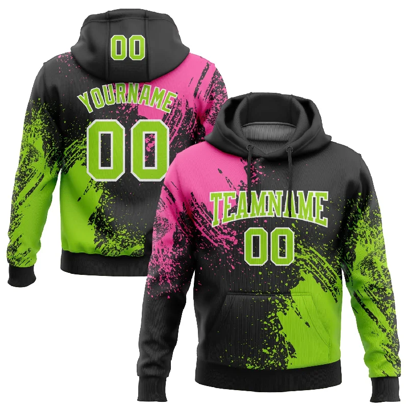 Custom Stitched Black Neon Green-Pink 3D Pattern Design Abstract Brush Stroke Sports Pullover Sweatshirt Hoodie Refined Men's Velvet