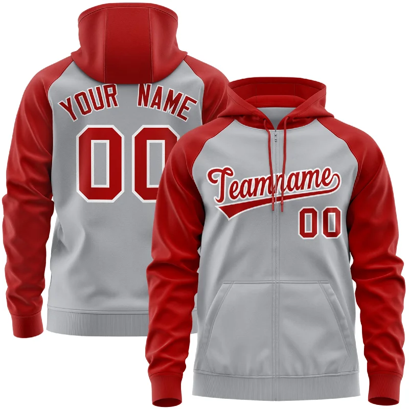 Custom Stitched Gray Red-White Raglan Sleeves Sports Full-Zip Sweatshirt Hoodie Casual Men's Loose