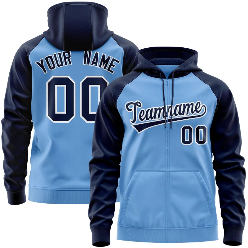 Custom Stitched Light Blue Navy-White Raglan Sleeves Sports Full-Zip Sweatshirt Hoodie Trendy Men's Bucket