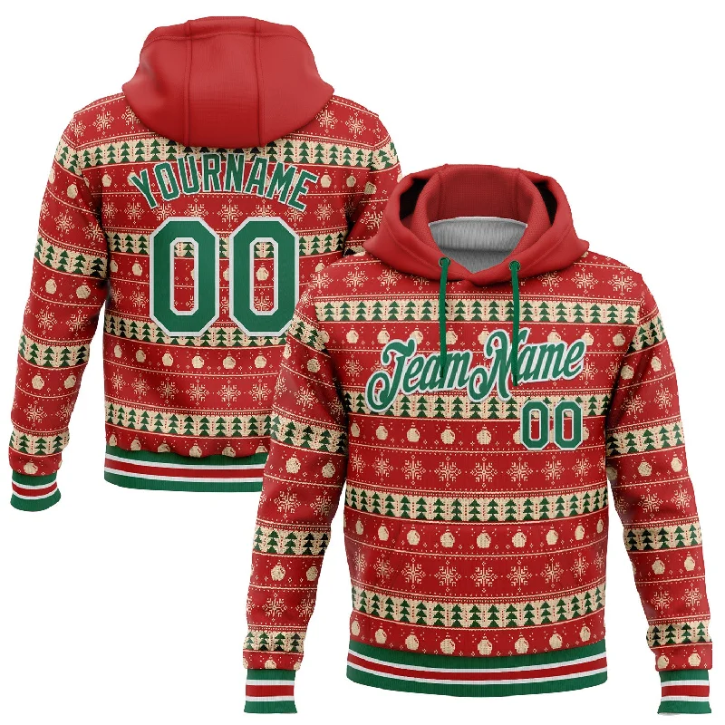 Custom Stitched Red Kelly Green-White 3D Christmas Sports Pullover Sweatshirt Hoodie Beach