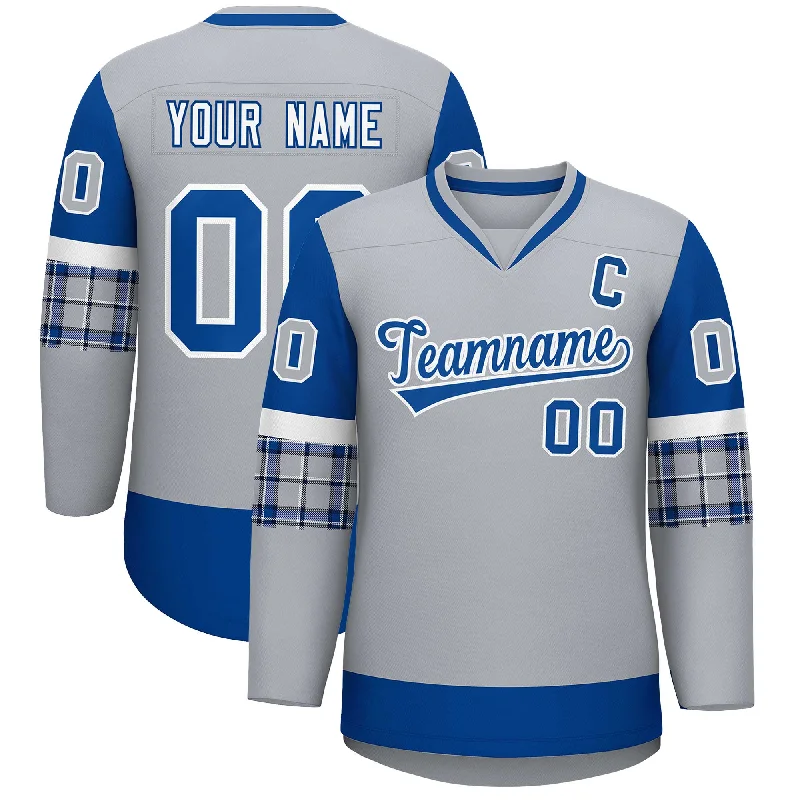 Custom Gray Royal-White Personalized Raglan Sleeves V-Neck Hockey Jersey Modern Men's 