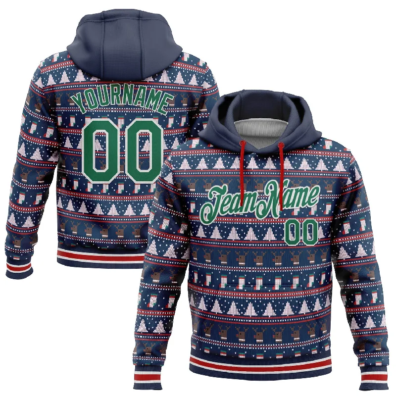 Custom Stitched Navy Kelly Green-White 3D Christmas Sports Pullover Sweatshirt Hoodie Street