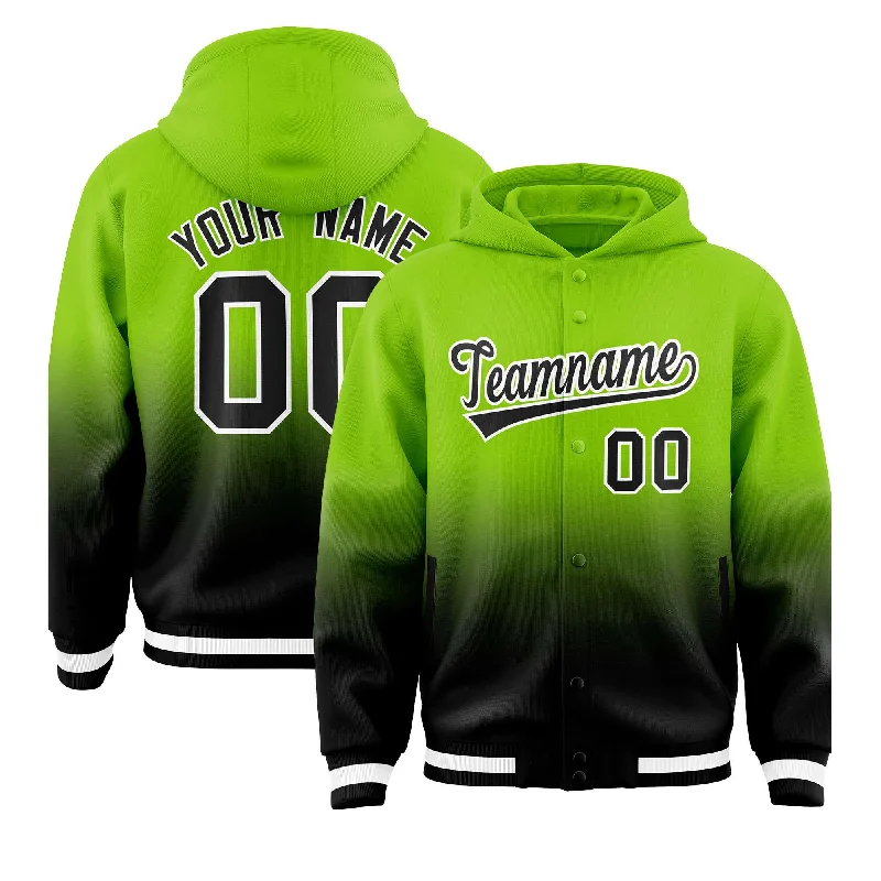 Custom Neon Green Black Varsity Full-Snap Letterman Gradient Jacket Hoodie Stylish Men's Tropical 