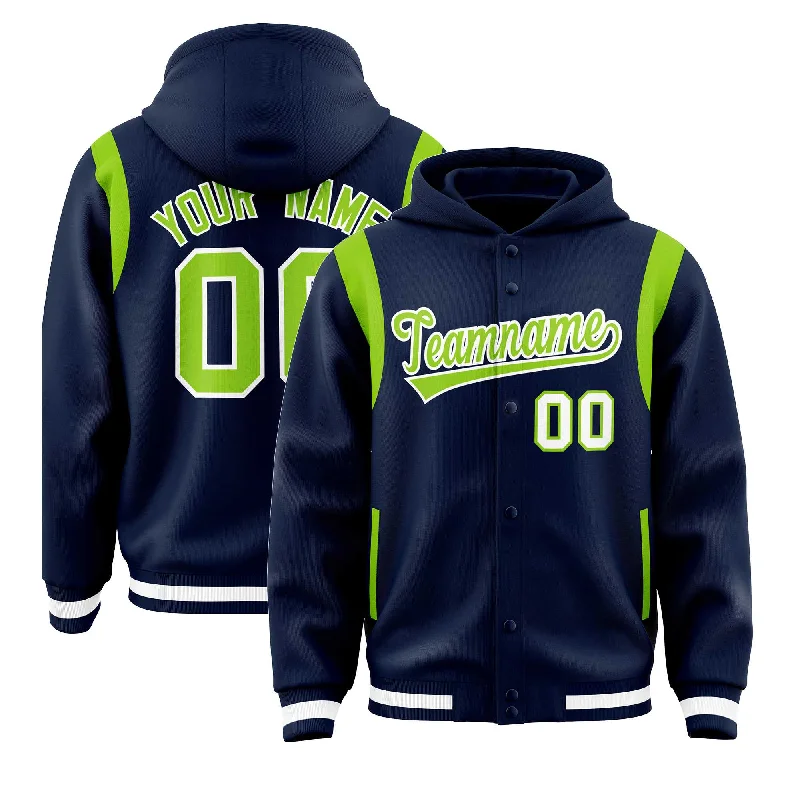 Custom Navy Neon Green Varsity Full-Snap Letterman Shoulder Color Block Jacket Hoodie Practical Men's Multi