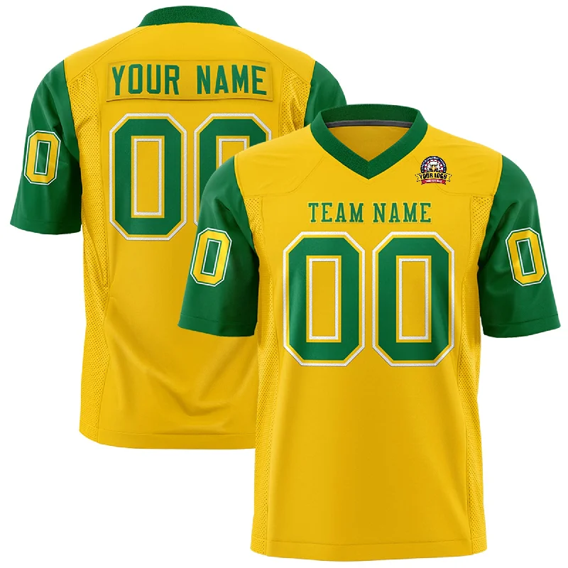 Custom Gold Kelly Green Personalized Raglan Sleeves Design Authentic Football Jersey Stylish Men's Neon