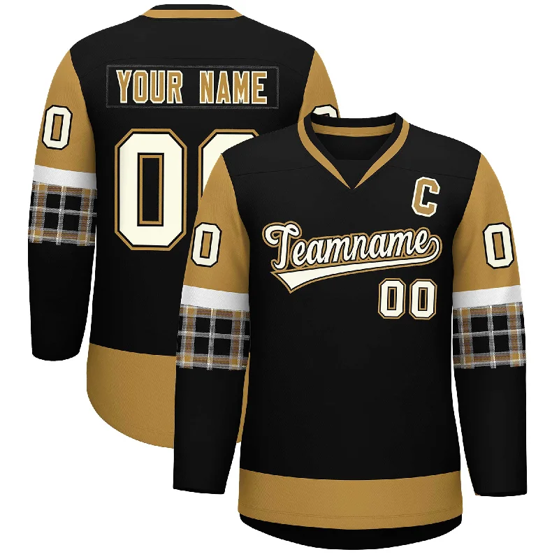 Custom Black Old Gold-White Personalized Raglan Sleeves V-Neck Hockey Jersey Cclassic Men's Tweed