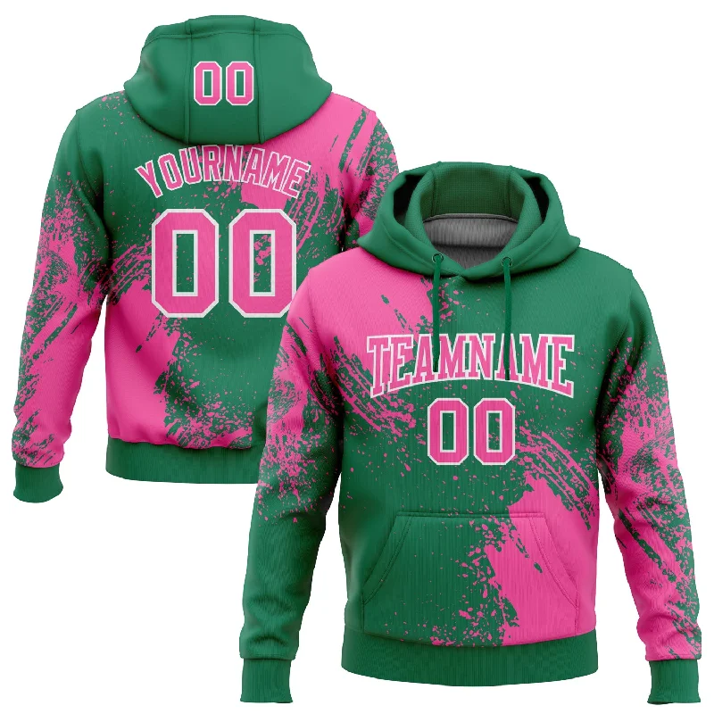 Custom Stitched Kelly Green Pink-White 3D Pattern Design Abstract Brush Stroke Sports Pullover Sweatshirt Hoodie Unique Men's Patch