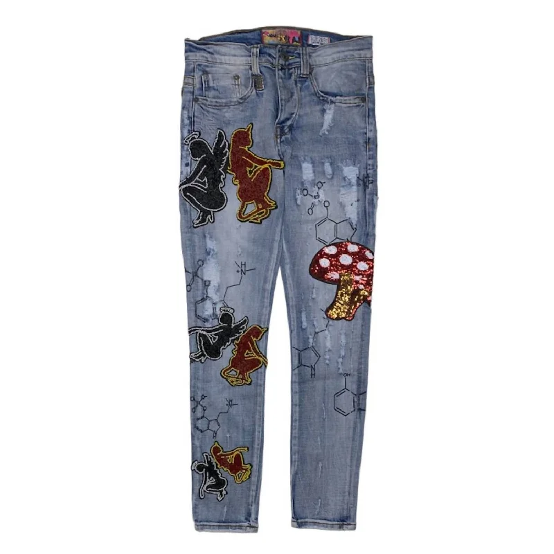 Men's Mushroom Angel Vs Devil Denim Jeans In Indigo Luxurious Men's High