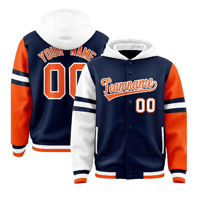 Custom Navy White-Orange Raglan Sleeves Varsity Full-Snap Letterman Three Stripes Jacket Hoodie Luxurious Men's High