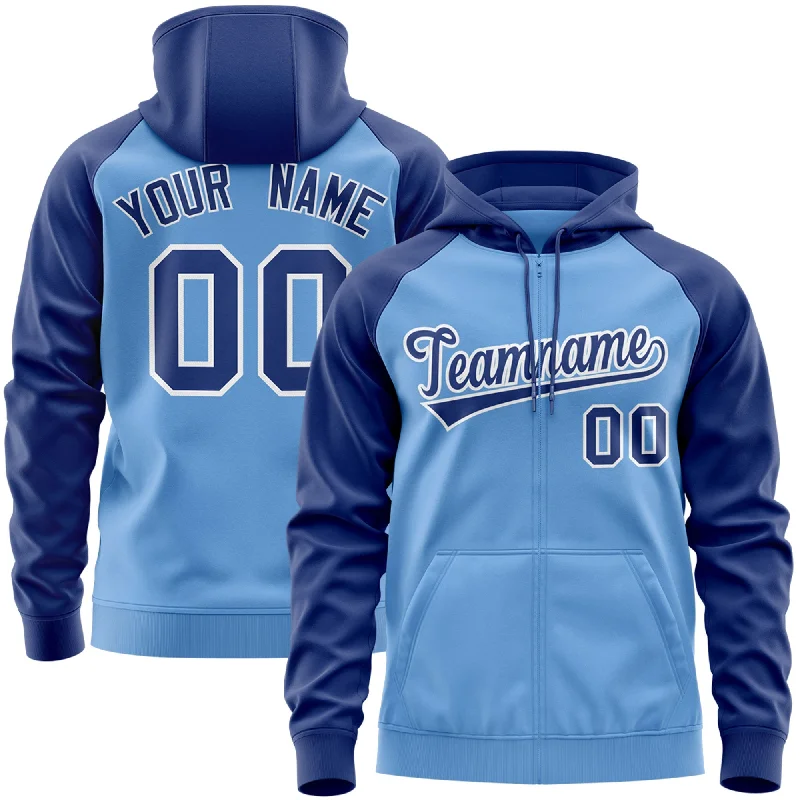 Custom Stitched Light Blue Royal-White Raglan Sleeves Sports Full-Zip Sweatshirt Hoodie Dynamic Men's Moto