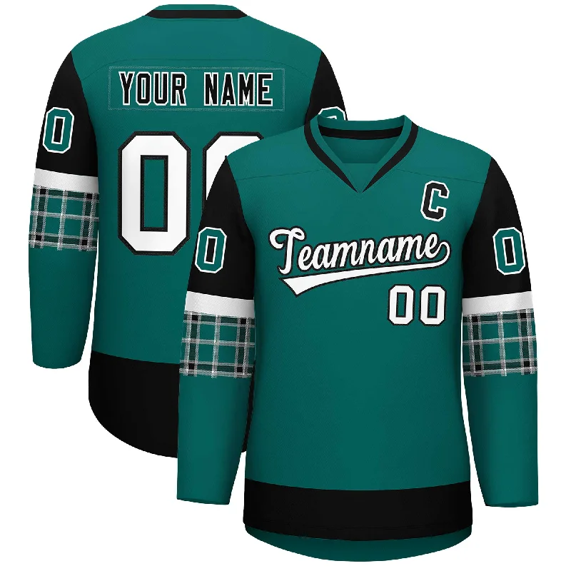 Custom Aqua Black-White Personalized Raglan Sleeves V-Neck Hockey Jersey Earthy Men's Hemp