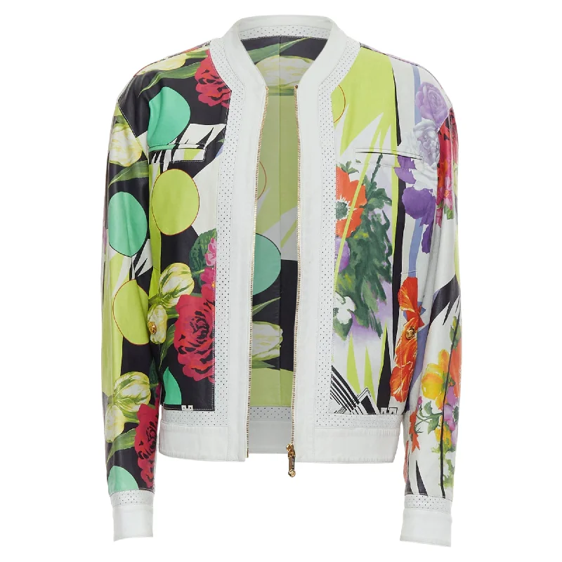 Versace Runway Leather Geometric Tropical Print Bomber Laid