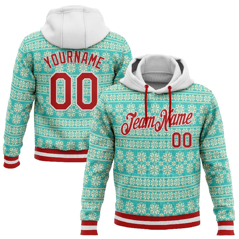 Custom Stitched Aqua Red-White 3D Christmas Sports Pullover Sweatshirt Hoodie Monochromatic All