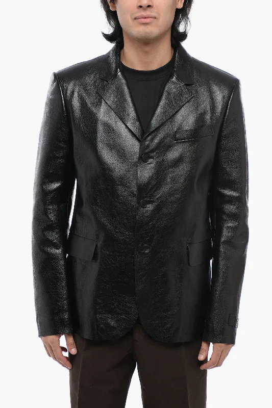 Versace Single Breasted Hammered Leather Blazer Hip Men's Retro