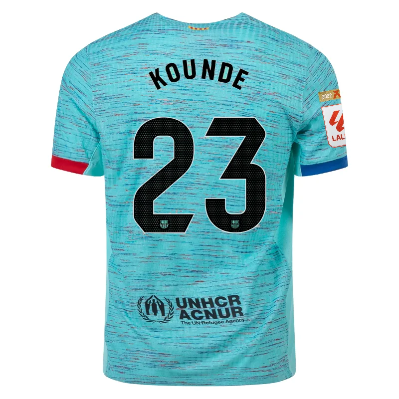 Nike Barcelona Authentic Jules Kounde Match Vaporknit Third Jersey w/ La Liga Champion Patches 23/24 (Light Aqua/Royal Blue) Preppy Men's College