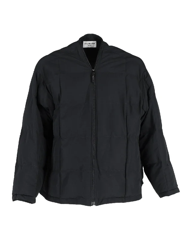 Balenciaga Front Zip Quilted Bomber Jacket in Black Polyester Street