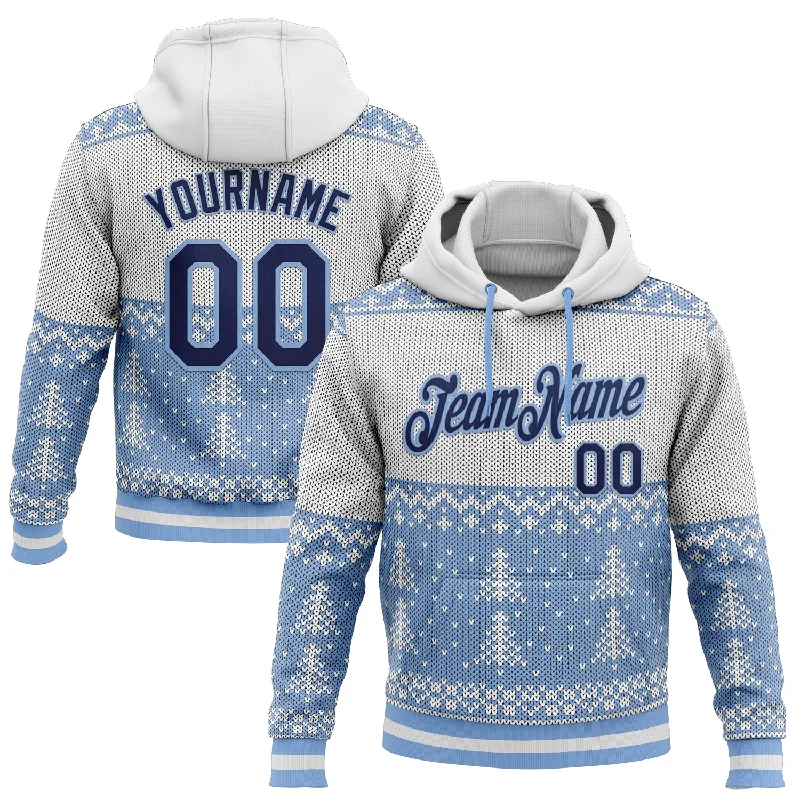 Custom Stitched White Navy-Light Blue 3D Christmas Sports Pullover Sweatshirt Hoodie Vacation