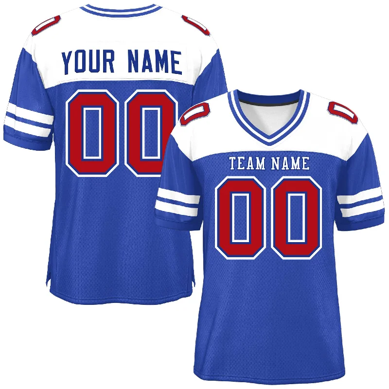 Custom Royal White Personalized Color Block Authentic Football Jersey Sleek Men's Metallic