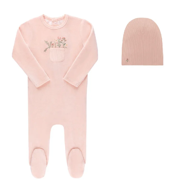 Ely’s & Co Velour Pocket Full of Flowers Collection - Pink - Footie + Cotton Beanie Tailored