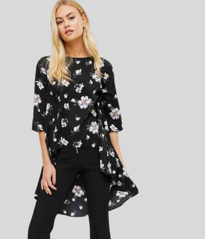 Black Floral Dipped Hem Top Vacation