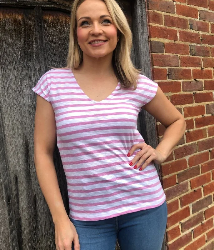 Pink Striped Cotton V Neck Top Business